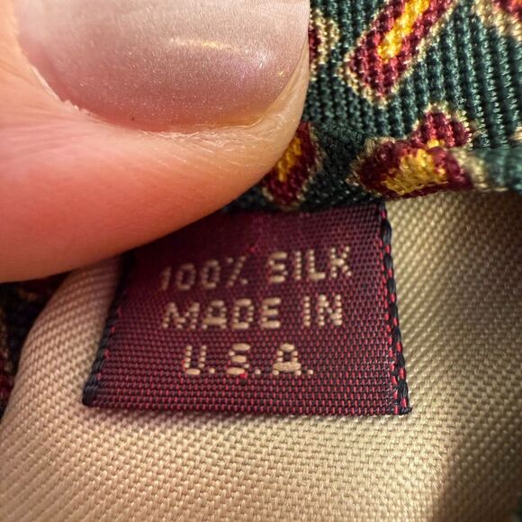 Abercrombie & Fitch Silk Tie Mens Green Yellow Brown Geometric Necktie USA VTG - Picture 5 of 6